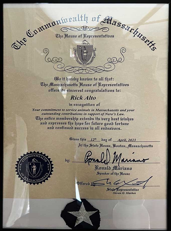 Framed Massachusetts House of Representatives recognition award for Outstanding contributions in support of Nero's Law