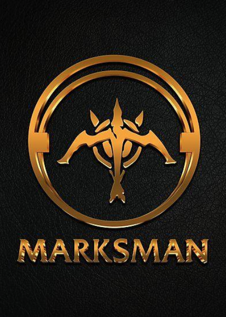 black square button with "Marksman" logo in gold letters for exfed dog training's marksman training package