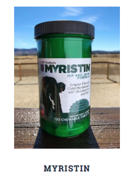 Bottle of Myristin hip and joint supplement sold by Volhard Dog Nutrition